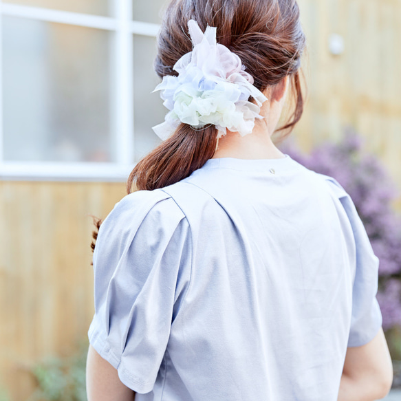 華奢な肩がつくれるパフスリーブの接触冷感Tシャツ｜スカイ/アジサイ 10枚目の画像