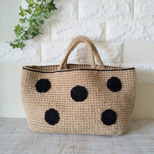 大人ドット麻ひもかごバッグ/内布付き/横長/水玉/ブラック かごバッグ