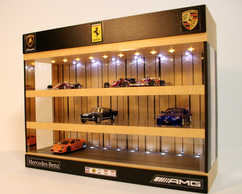 メープル＆ウォールナット・3層式ディスプレーBOX/ 照明付きネオ