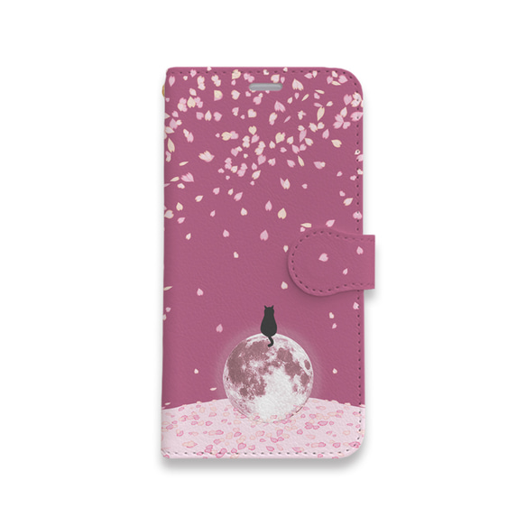 月と猫 (桜 ver.)　手帳型ケース　スマホケース　全機種対応 5枚目の画像