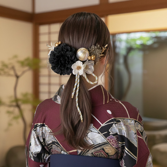 成人式 髪飾り 黒ダリア×林檎の花｜卒業式 袴 和装ヘア No.BR61 振袖