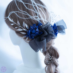 髪飾り ブラックリボン×ネイビーブルーの髪かざり　成人式　卒業式　結婚式　振袖　着物　和装　ヘアアクセサリー　留袖　前撮 4枚目の画像