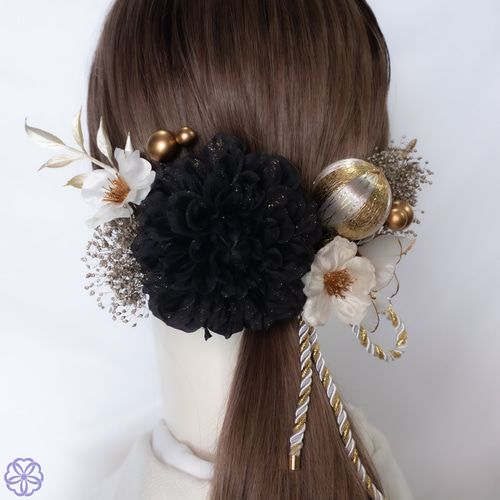 成人式 髪飾り 黒ダリア×林檎の花｜卒業式 袴 和装ヘア No.BR61 振袖