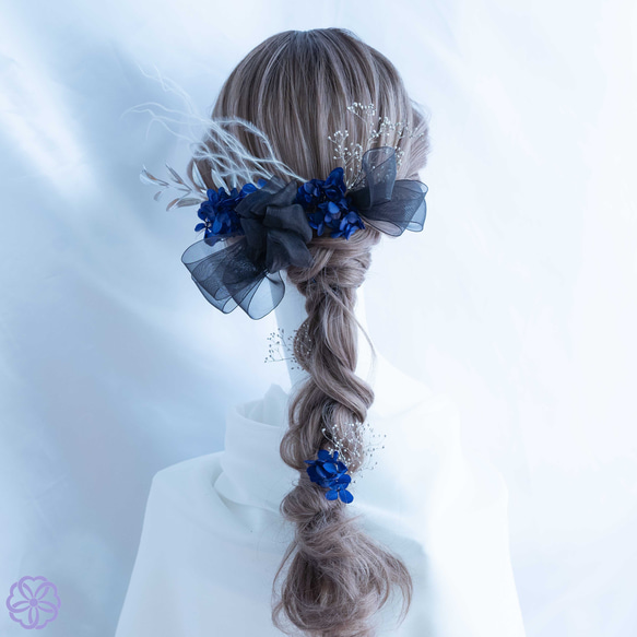 髪飾り ブラックリボン×ネイビーブルーの髪かざり　成人式　卒業式　結婚式　振袖　着物　和装　ヘアアクセサリー　留袖　前撮 3枚目の画像
