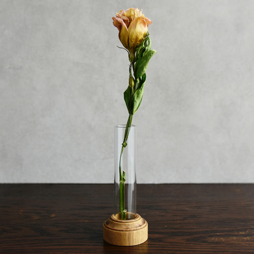 2WAY【一輪挿し】アンティークな木製 小さな花瓶／ガラスドーム