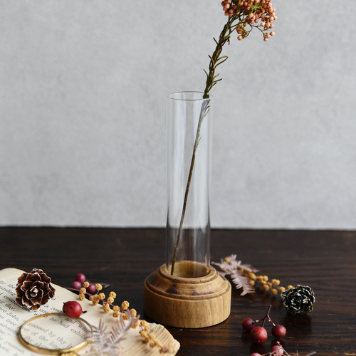 2WAY【一輪挿し】アンティークな木製 小さな花瓶／ガラスドーム