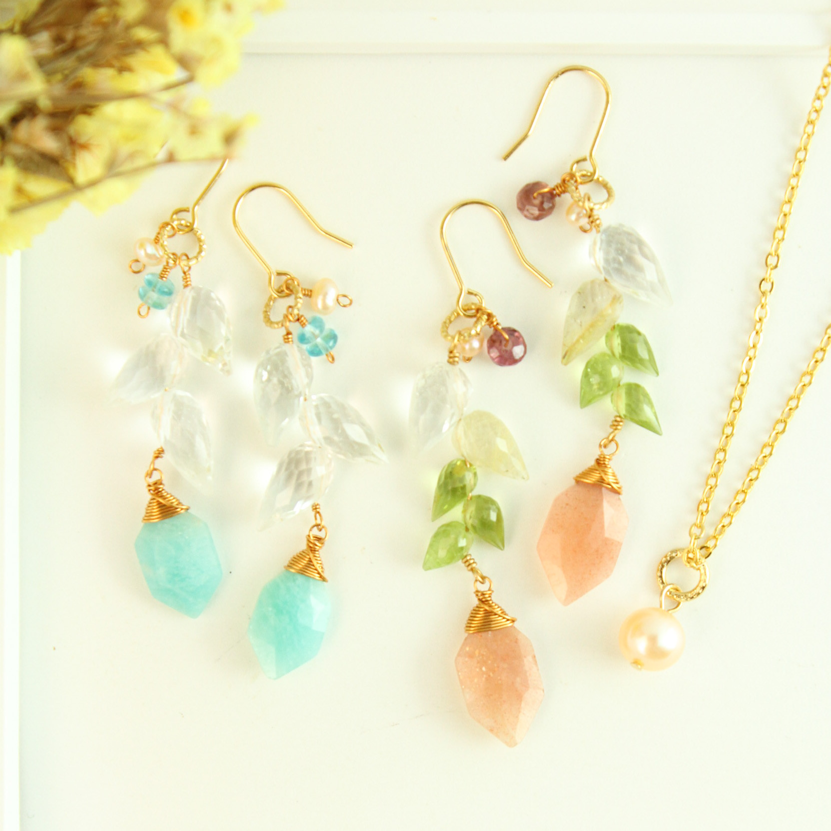 【福袋】アマゾナイト　トパーズ 蕾　ネックレス・耳飾り