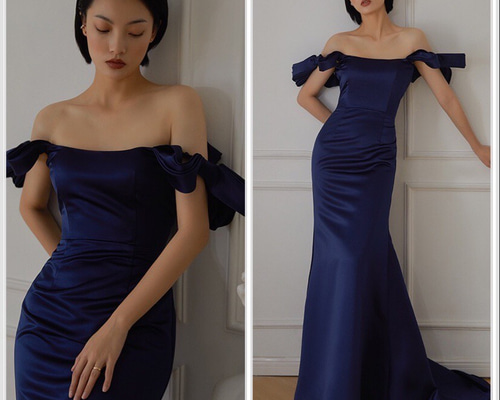 オフショルダー ネイビーパーティドレス 演奏会 ドレス ウララ