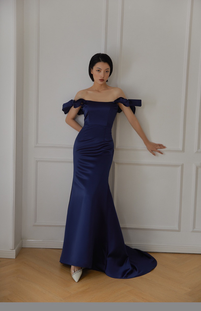 オフショルダー ネイビーパーティドレス 演奏会 リネン、麻、綿麻