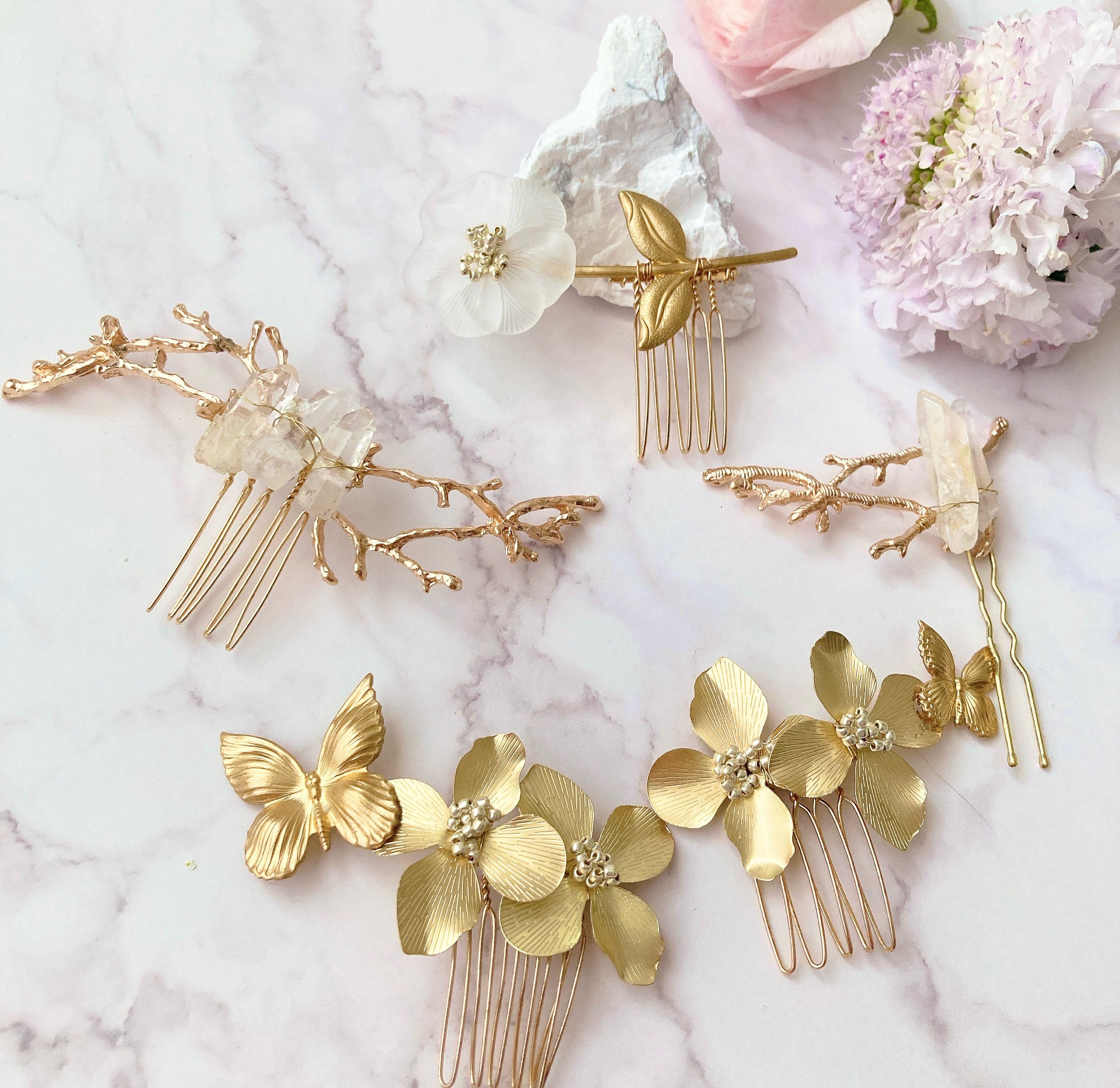 小枝と水晶・花と蝶のコーム　5本セット　ヘアアクセサリー　結婚式　ブライダル　蝶　前撮り　ヘアピン　バックカチューシャ