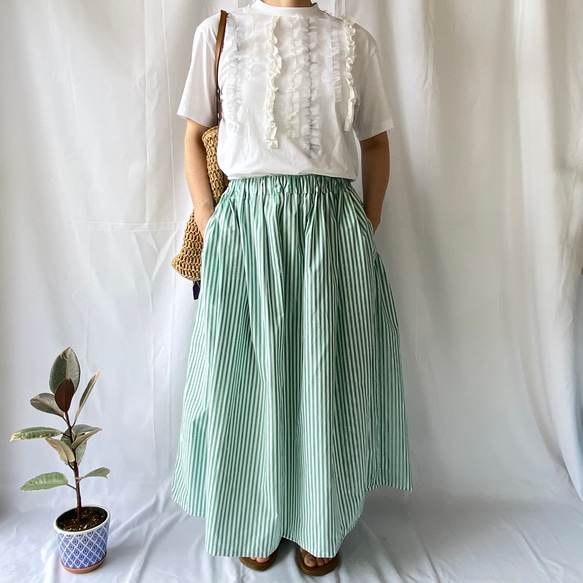 グリーンストライプのロングギャザースカート 人気・おすすめ｜多用途・生活用品におすすめ 口コミ人気 即納 日本国内即配送