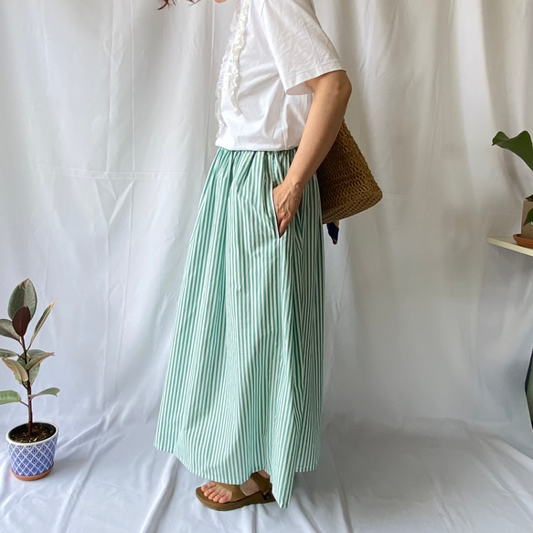 グリーンストライプのロングギャザースカート 人気・おすすめ｜多用途・生活用品におすすめ 口コミ人気 即納 日本国内即配送