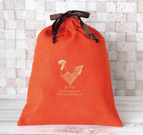 ニワトリイラストの巾着袋/オレンジ色のスエード調 巾着袋 pajunkissa