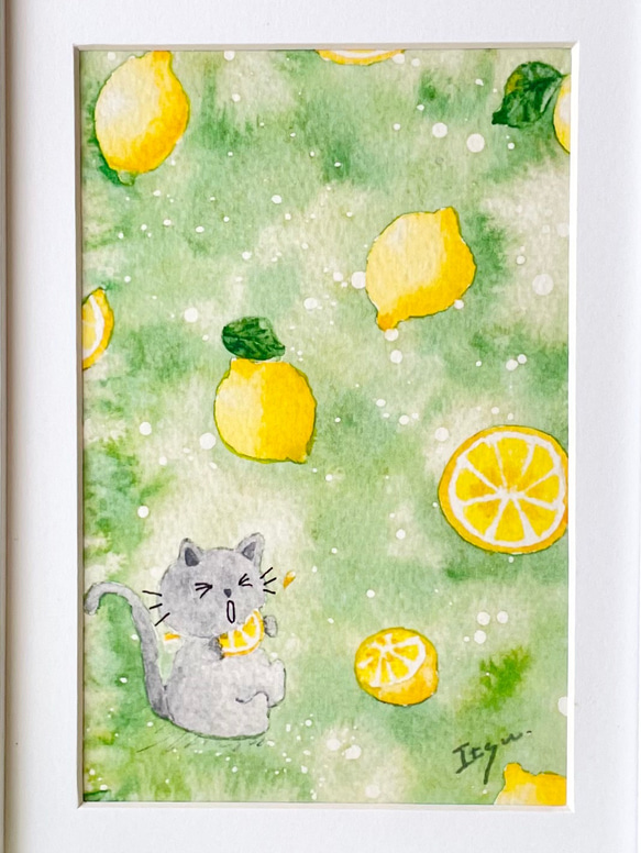 透明水彩画　A4ポスター「すっぱいレモン」イラスト　猫　ねこ　ネコ　果物　フルーツ　母の日　父の日　春　夏　暑中見舞い 2枚目の画像