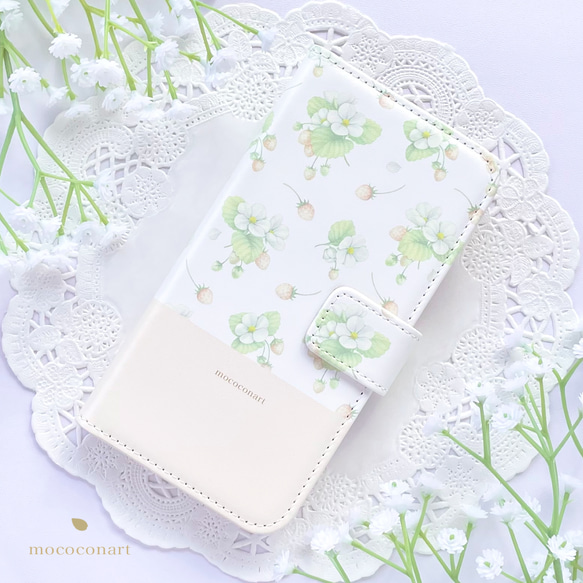 白いちご柄ミルキーピンク 手帳型スマホケース iPhone Android アンドロイド 全機種対応 花柄 バイカラー 1枚目の画像