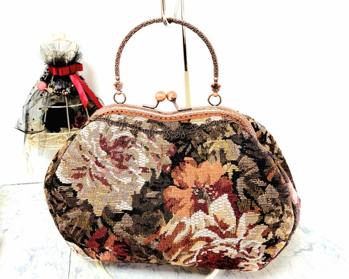ハンドメイド】ゴブラン織り がま口バッグ油絵風の花柄 #B207