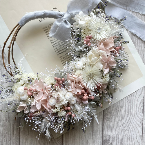 ＊Natural＊アナベルとピンクの小花のリース☆ドライフラワーリース Natural＊アナベルとピンクの小花のリース☆ドライフラワーリース