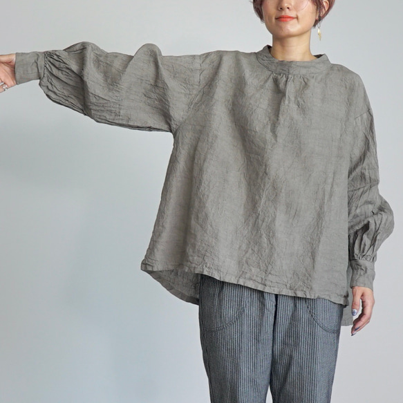 リネンタックシャツ/カーキ/遠州織物 4枚目の画像