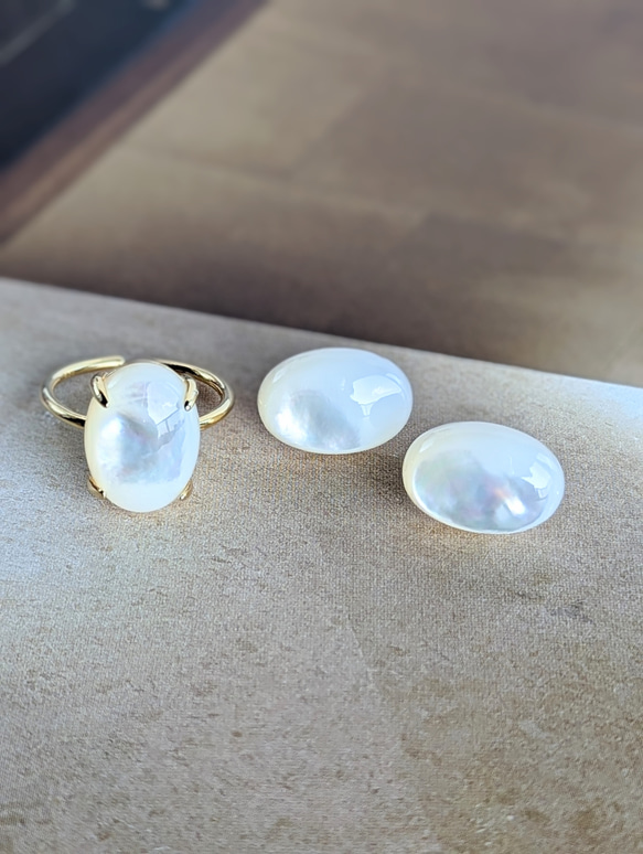 14kgf [白珍珠 AAA] 珍珠母貝單隻耳環&amp;戒指套裝 SV925 可用 第1張的照片