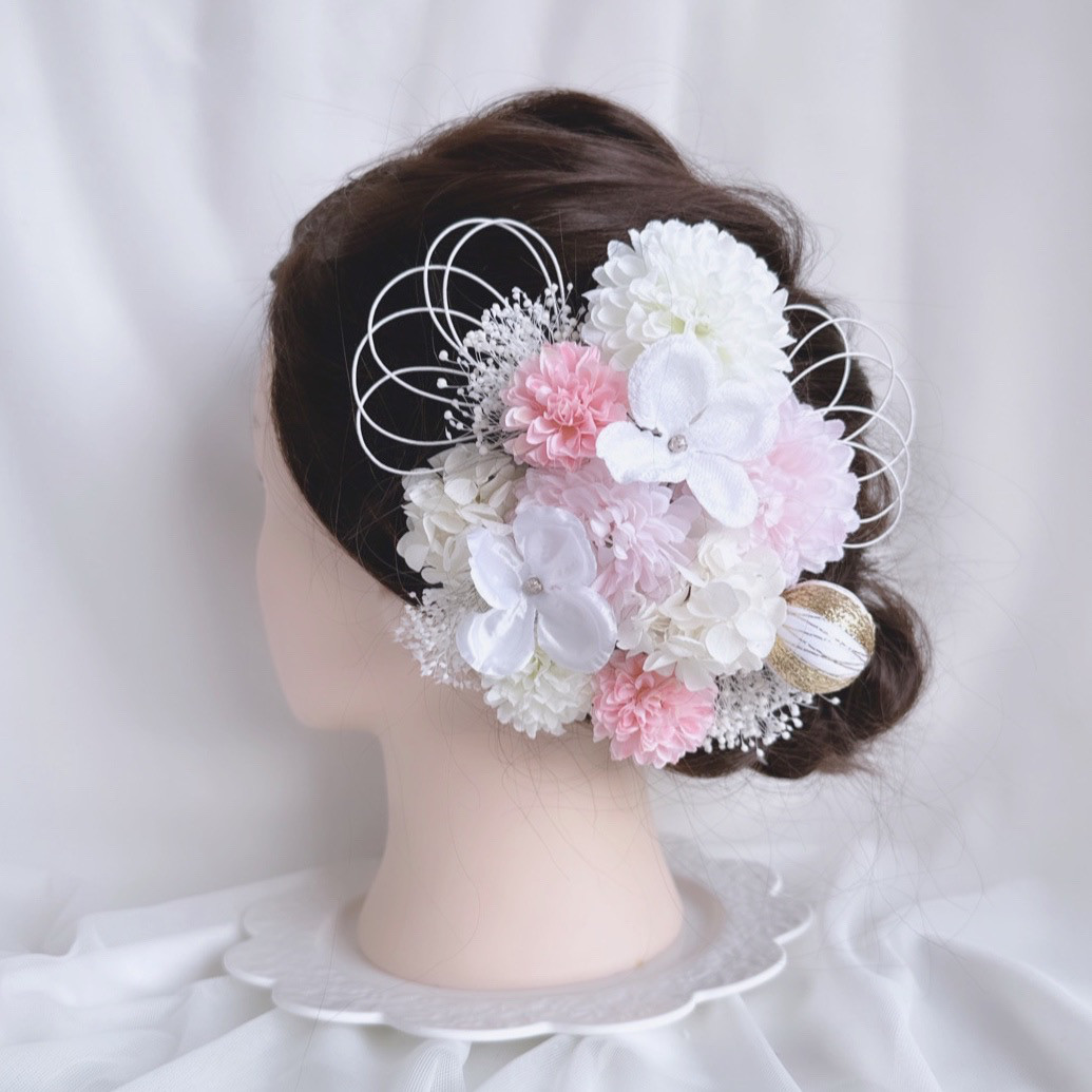 ベビーピンク×ホワイト ヘッドドレス 白無垢 和装 髪飾り 成人式 卒業式 ドライフラワー
