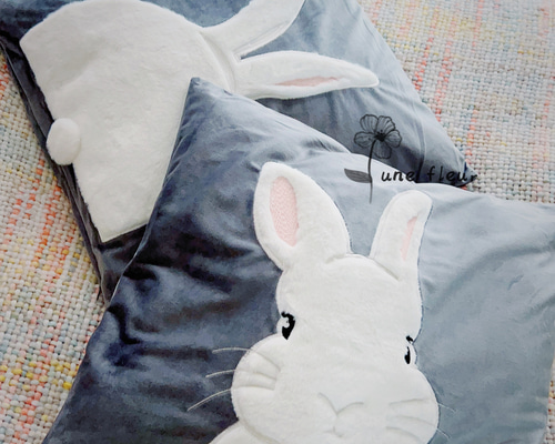 クッションカバー うさぎ 2枚セット（グレー色）（おもて＆うしろ