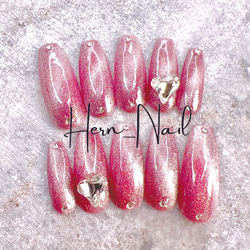 チップ種類、カラー変更可能》ストーンハートピンクマグネットネイル