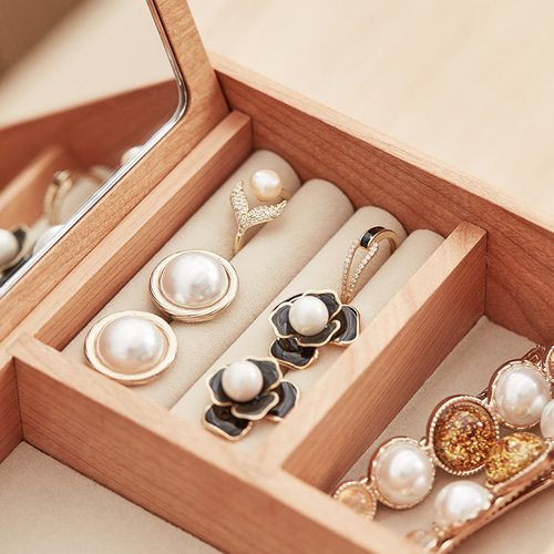 木製 内側に化粧鏡付きアクセサリーボックス 大容量スペース 豪華で