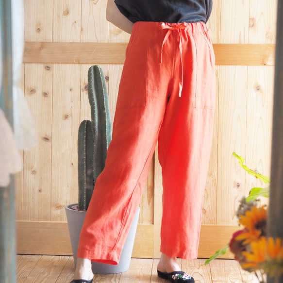 【予約販売】フレンチリネン　　オレンジ　リラックスパンツ　　メンズパンツ 1枚目の画像