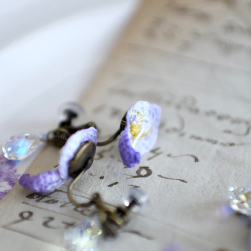 受注制作15日】ピアス/イヤリング あの日の笑み、藤の花 手編み レース