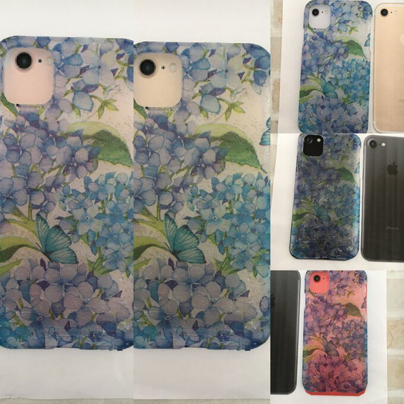 淡い蒼 紫陽花2柄スマホケースiPhone12/iPhoneXR/iPhone11/iPhone13/iPhone14 3枚目の画像