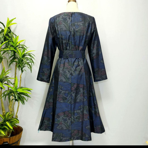 アンティーク大島紬 着物リメイク ワンピース 2WAY 花柄 Aライン