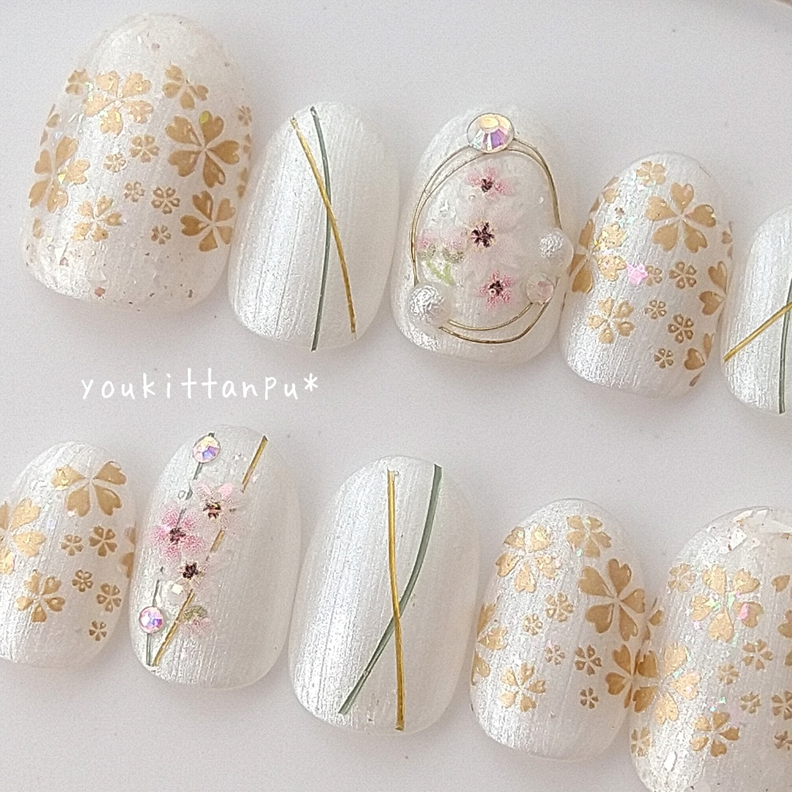 ネイルチップ＊うららⅡ＊つけ爪 結婚式 ブライダル ウェディング 白無垢 成人式 卒業式 シンプル 春 桜 金 ゴールド