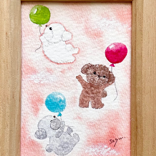 透明水彩画 ミニ額「風船で遊ぼう♪」イラスト トイプードル