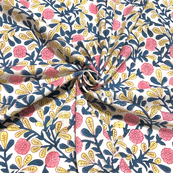 50cm単位】ホワイトピンクフラワーイエローリーフ インド ハンド