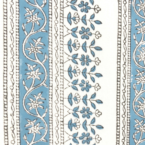 【50cm單位】白藍花條紋印度手工版畫布料紡織棉 第2張的照片