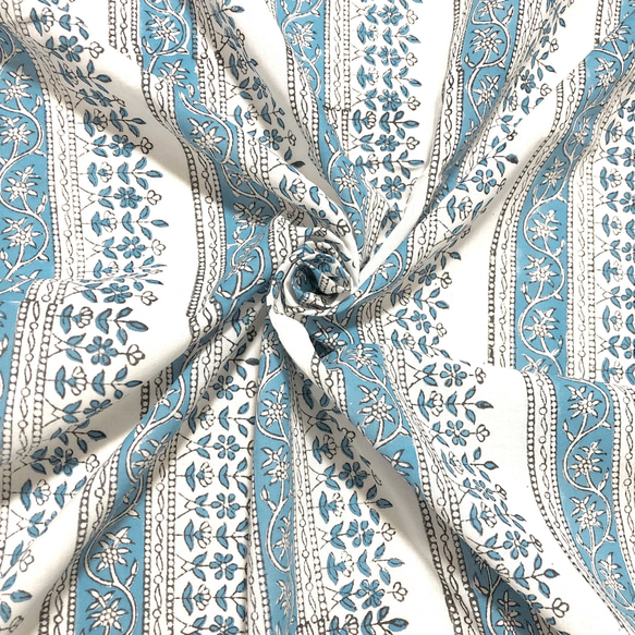 【50cm單位】白藍花條紋印度手工版畫布料紡織棉 第1張的照片