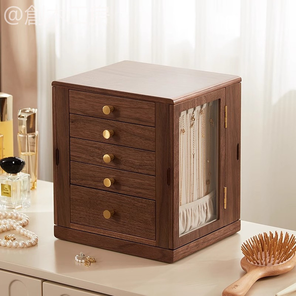 三面鏡 ジュエリーボックス 5段 三面ガラス扉付きのジュエリーショーケース 木製5段引き出し 360度回転