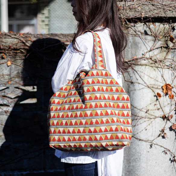 Hand block print kinchaku bag / sankaku 2枚目の画像