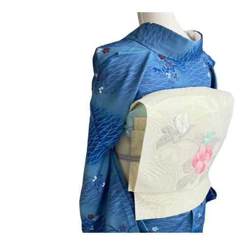 手軽にお太鼓-作り帯】夏物 化繊 名古屋帯 絽 椿 クリーム 和装小物