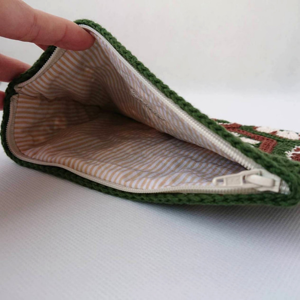 クロッシェ フラワーモチーフポーチ・緑×茶(コットン糸・かぎ針編み) 6枚目の画像