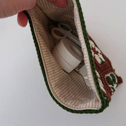 クロッシェ フラワーモチーフポーチ・緑×茶(コットン糸・かぎ針編み) 8枚目の画像