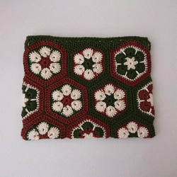 クロッシェ フラワーモチーフポーチ・緑×茶(コットン糸・かぎ針編み) 3枚目の画像