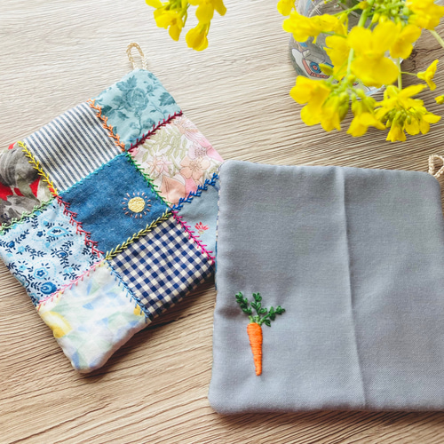 鍋敷き(鍋つかみ)/ポットマット/刺繍/パッチワーク/2枚セット