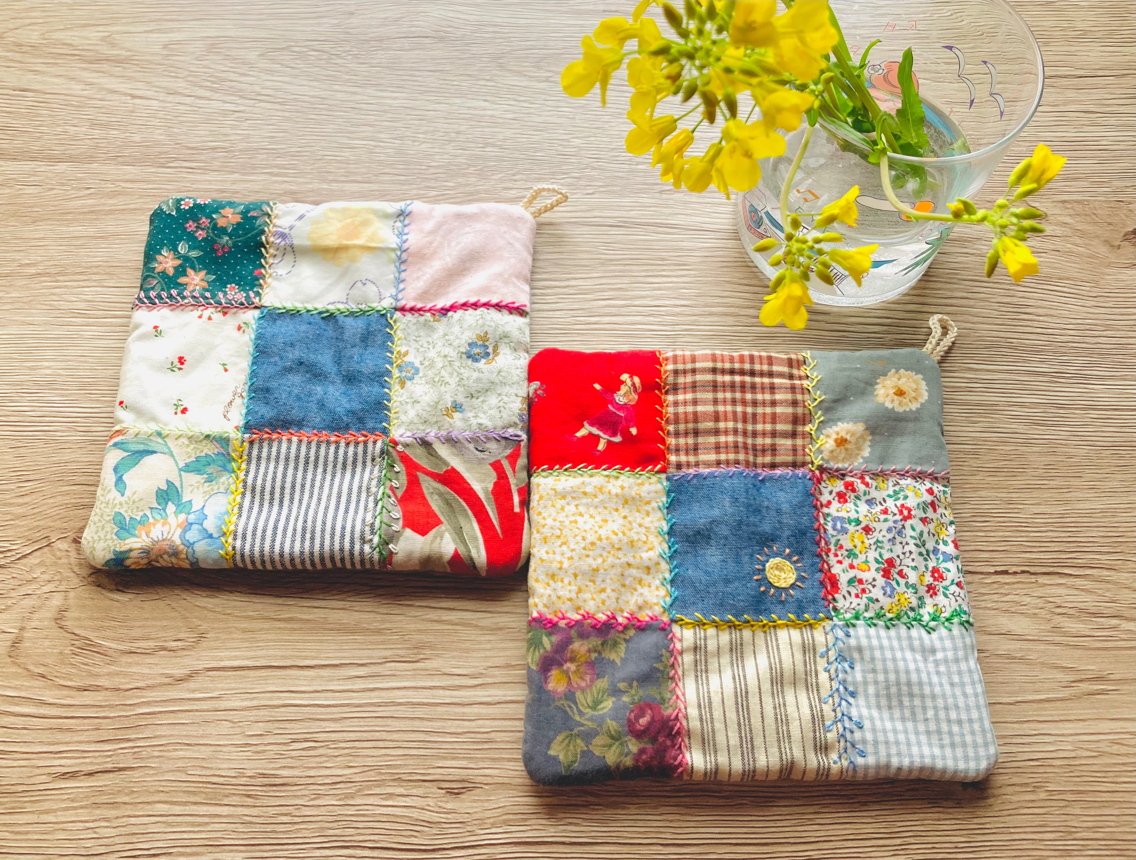 鍋敷き/ポットマット/パッチワーク/刺繍/2枚セット/レトロ/鍋