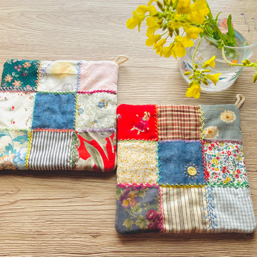 鍋敷き/ポットマット/パッチワーク/刺繍/2枚セット/レトロ/鍋