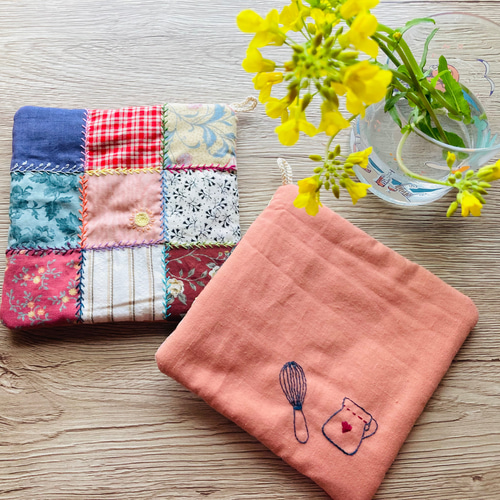 レトロ柄鍋敷き/ポットマット/鍋つかみ/2枚セット/刺繍/パッチ