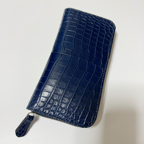 クロコダイル　ポロサス　藍染　コンパクトウォレット　ミニ財布　ハンドメイド スモールクロコダイル ポロサス 本藍染 藍色 ラウンドファスナー