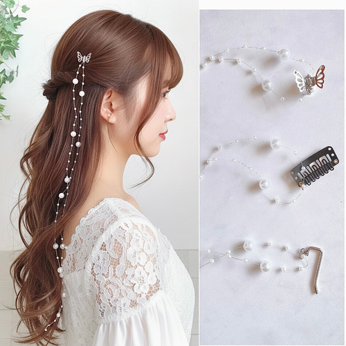 サテンリボン の パールヘアゴム 【ロング】/ ブラック リボンヘアゴム