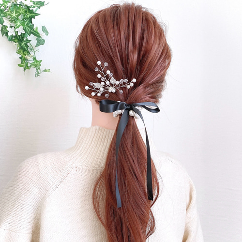 サテンリボン の パールヘアゴム 【ロング】/ ブラック リボン