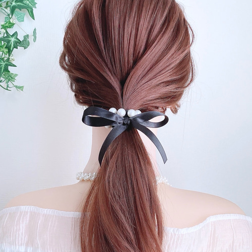 ビッグリボン　パールゴムリボンシュシュ　パールシュシュ　ダルメシアン　ブラウン ビッグリボン パールゴムリボンシュシュ パールシュシュ